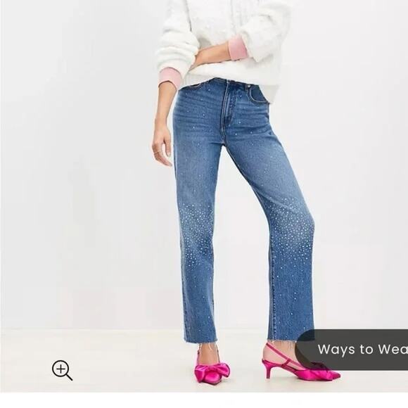 LOFT High Rise Straight Leg Raw Frayed Hem Rhinestone Jeans Blue 2 / 26 - Picture 1 of 10